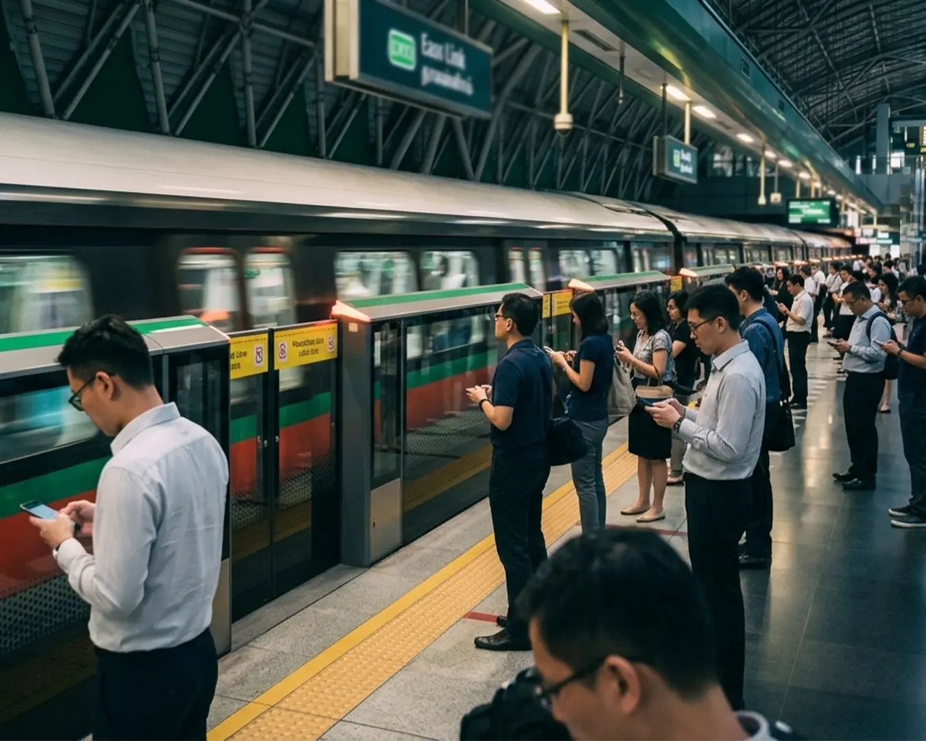 A crowded MRT station during evening peak hours, with streams of commuters moving through the concourse and waiting along the platform, reflecting the rush-hour bustle of city life.