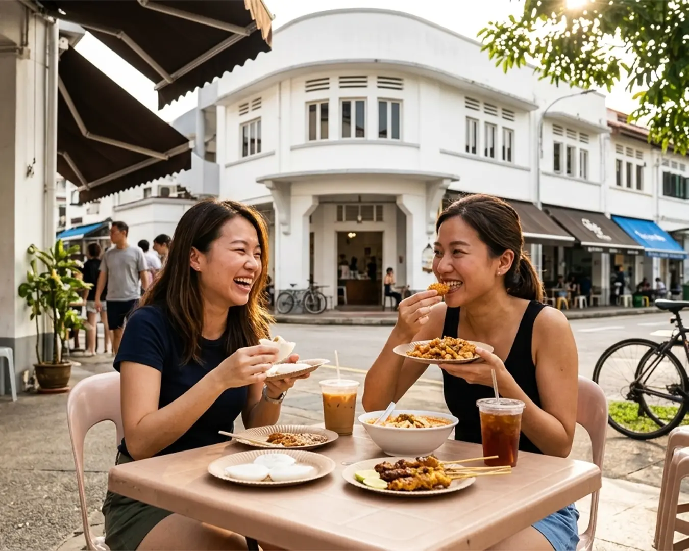 Two women sitting at a hawker centre table near an MRT station, enjoying a variety of local Singapore hawker dishes such as noodles, rice, and drinks while chatting in a lively food centre atmosphere.