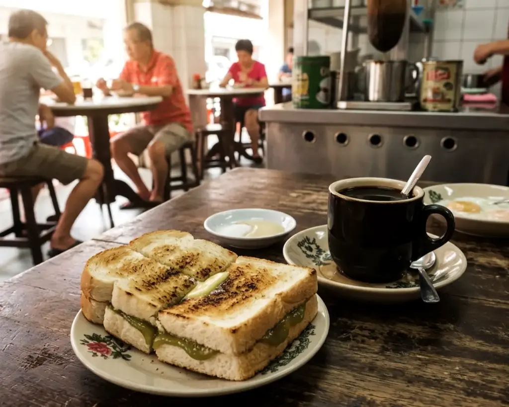 Traditional kaya toast served with a cup of strong kopi-o (black coffee) on a café table, representing the classic Singaporean kopitiam breakfast experience.