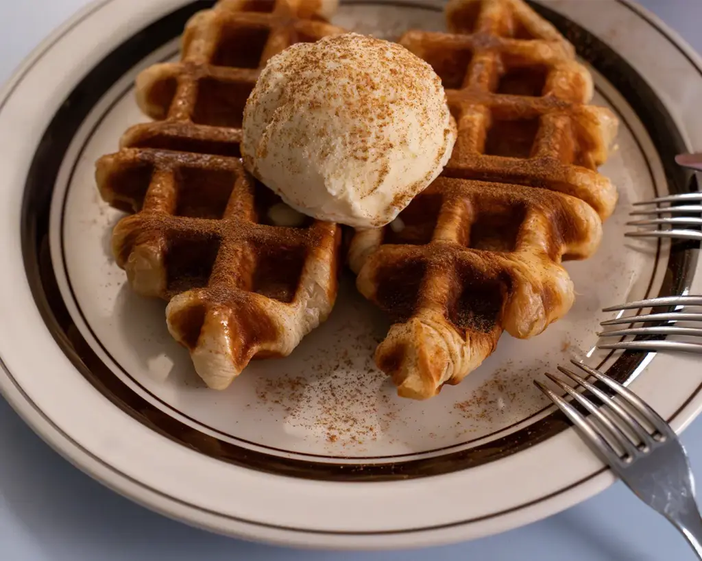 Golden fluffy buttermilk waffles stacked on a plate, lightly crisp on the outside and soft inside, served warm in a cosy café setting.