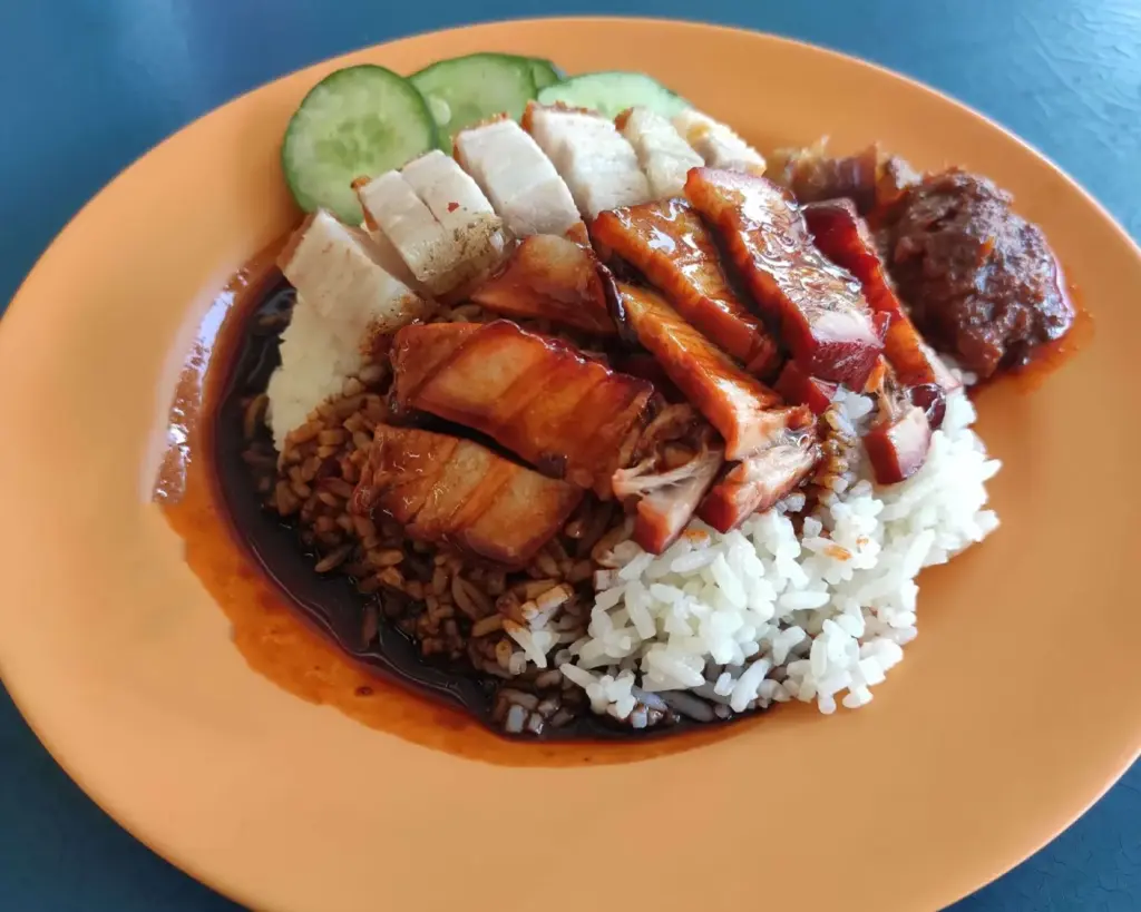 A close-up of a plate of char siew rice, showcasing glossy, caramelised slices of barbecued pork served over steamed rice. The dish is accompanied by greens and sauce, highlighting its rich flavour and appetising presentation.