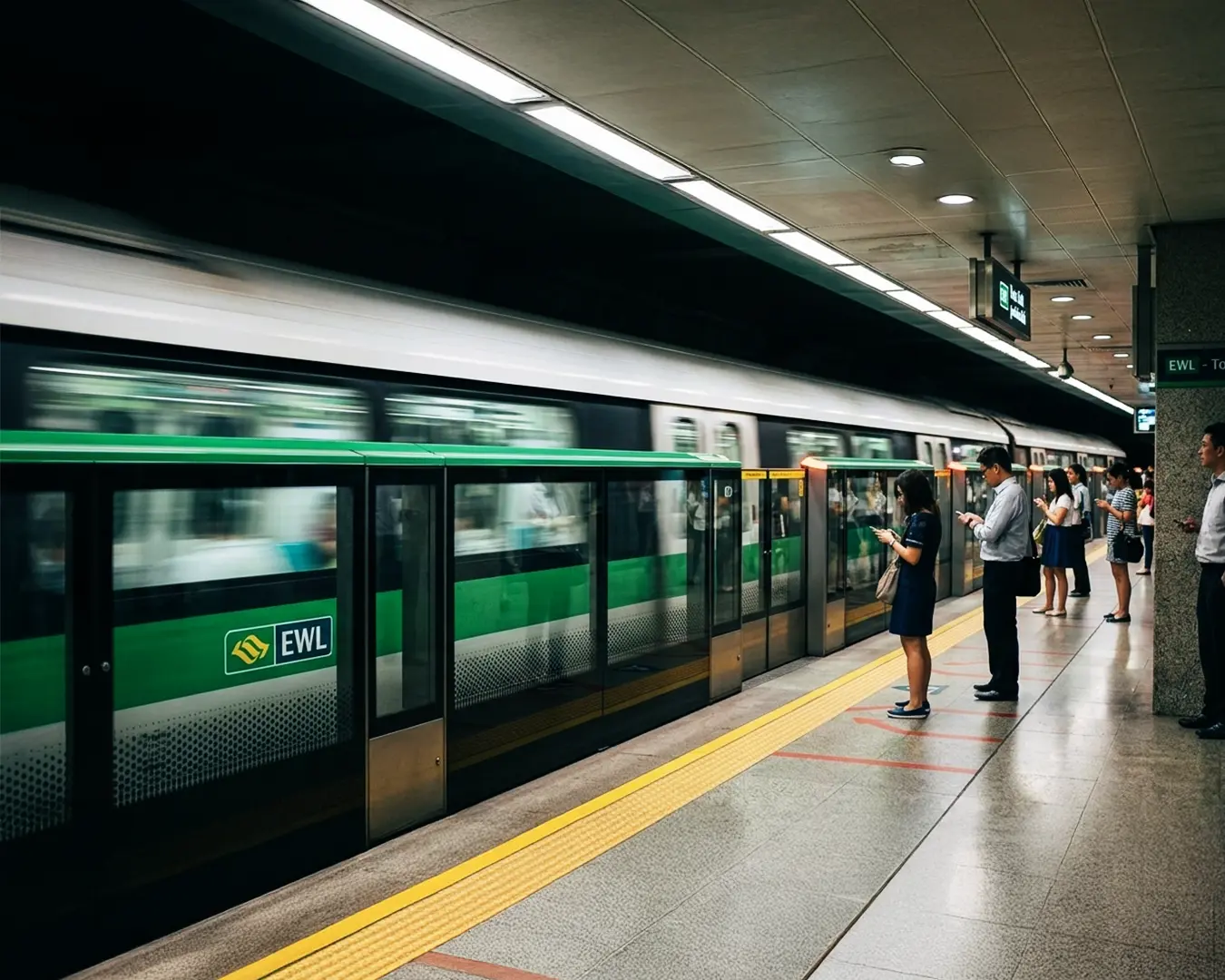 Commuters standing and sitting on a busy train station platform, waiting for the next train during a typical weekday commute.