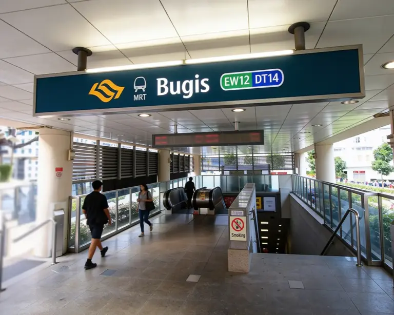 An image of bugis mrt with stairs on the right and escalator on the left with people walking.