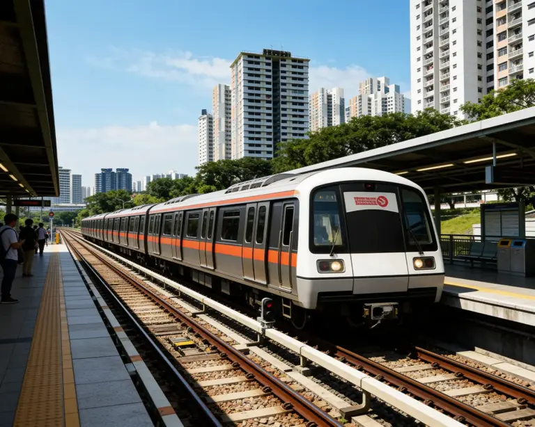 A modern MRT train travelling along elevated railway tracks with city buildings in the background, capturing an urban transport scene surrounded by Singapore’s skyline.