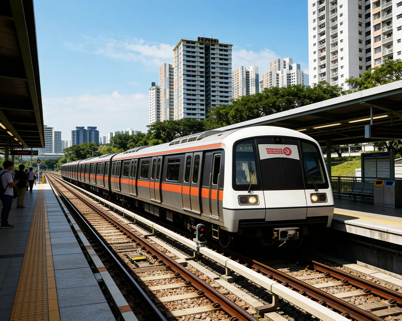 A modern MRT train travelling along elevated railway tracks with city buildings in the background, capturing an urban transport scene surrounded by Singapore’s skyline.