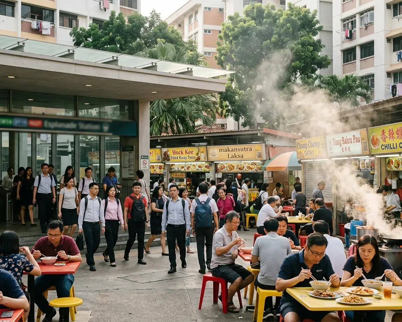 People in business attire exit a metro station towards a bustling outdoor food court. Diners sit at colorful tables enjoying various dishes. Smoky air adds vibrancy.