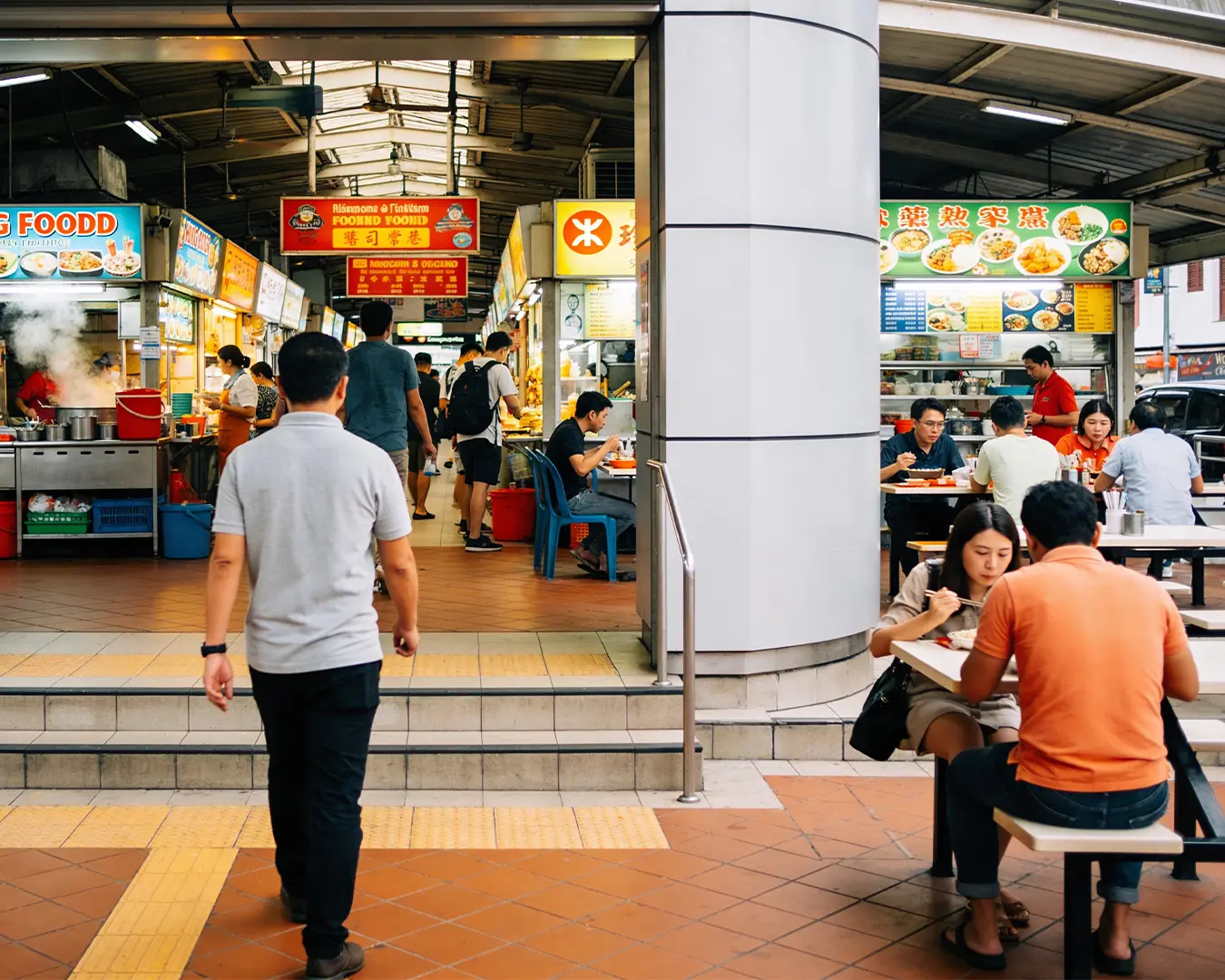 A bustling food court with people dining and ordering from colorful food stalls. A man in a gray shirt walks toward the stalls, while others enjoy meals at tables, creating a lively and social atmosphere.