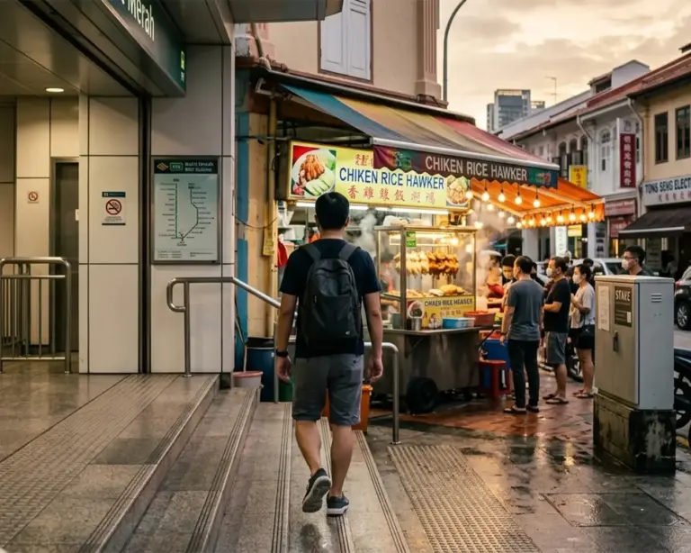 A man with a backpack walks towards a bustling chicken rice hawker stall outside a Metro station at dusk. People queue under warm lights