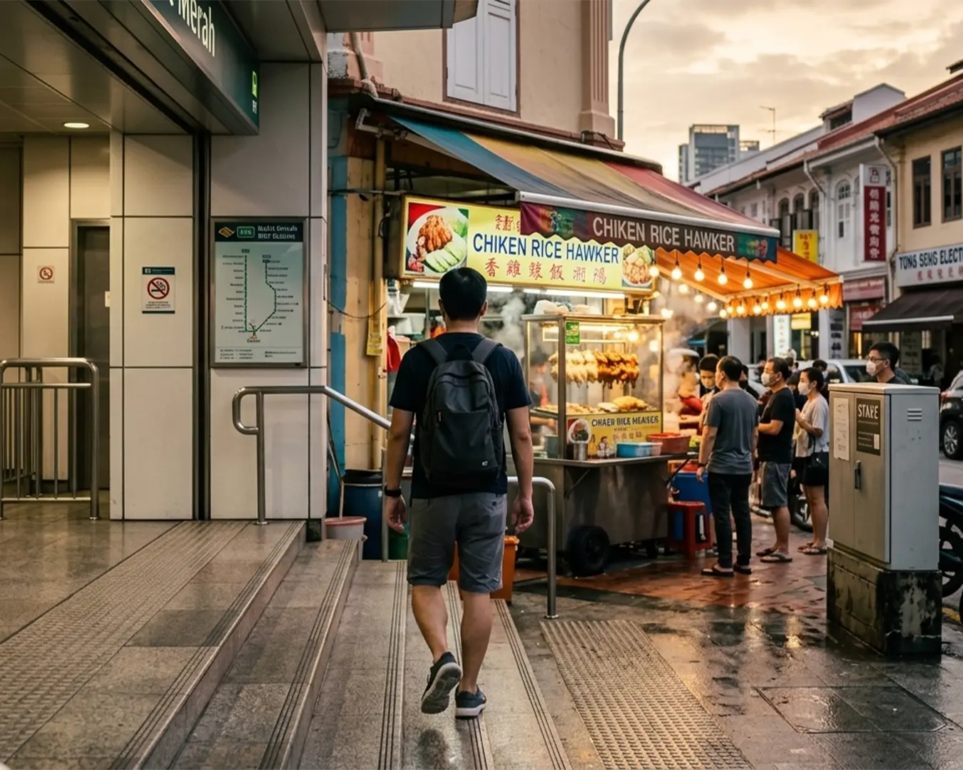 A man with a backpack walks towards a bustling chicken rice hawker stall outside a Metro station at dusk. People queue under warm lights