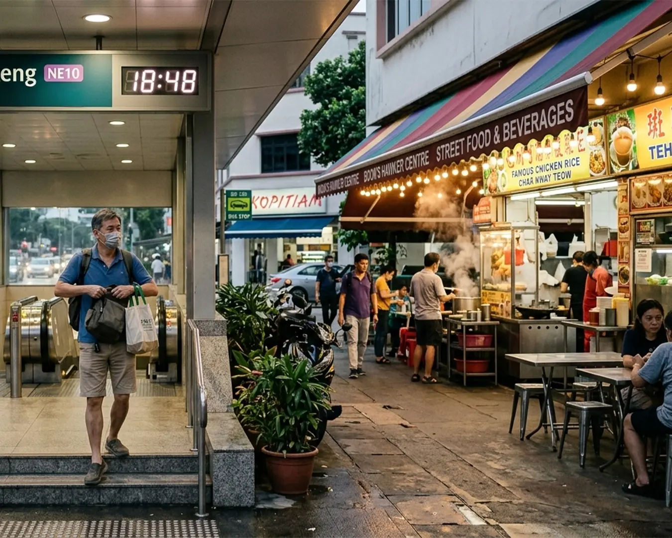 Man exits metro at dusk, holding shopping bags, near a vibrant street food stall emitting steam and displaying lit signage. Urban, busy ambiance.