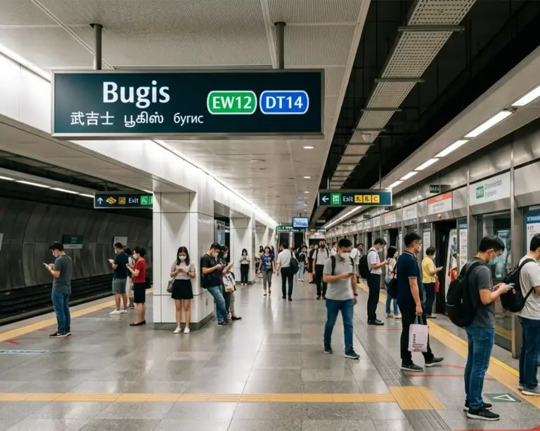 Commuters wearing masks wait on a busy platform at Bugis MRT station. The station is well-lit, with signs for East West and Downtown Lines visible.