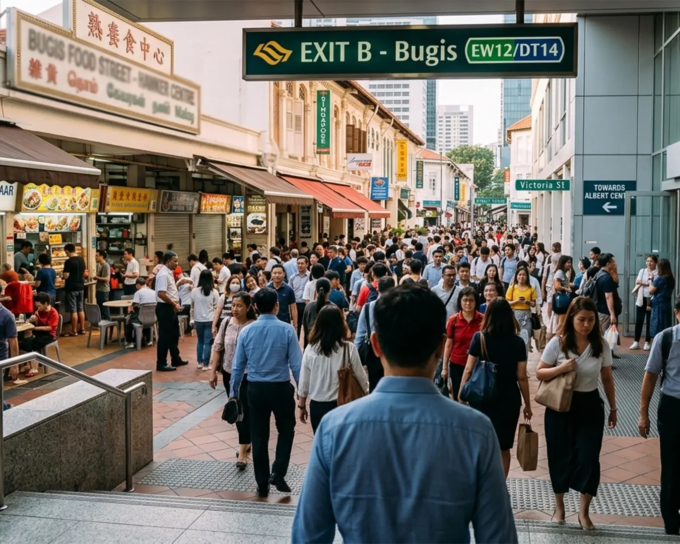 Bustling street near Bugis MRT exit in Singapore. Diverse crowd walking amidst shops, eateries, and signs, creating a lively, urban atmosphere.