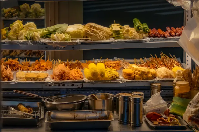 Street food stall display with skewered meats, sausages, fish balls, tofu, corn, and fresh vegetables neatly arranged on shelves, ready for grilling in a night market setting with warm lighting