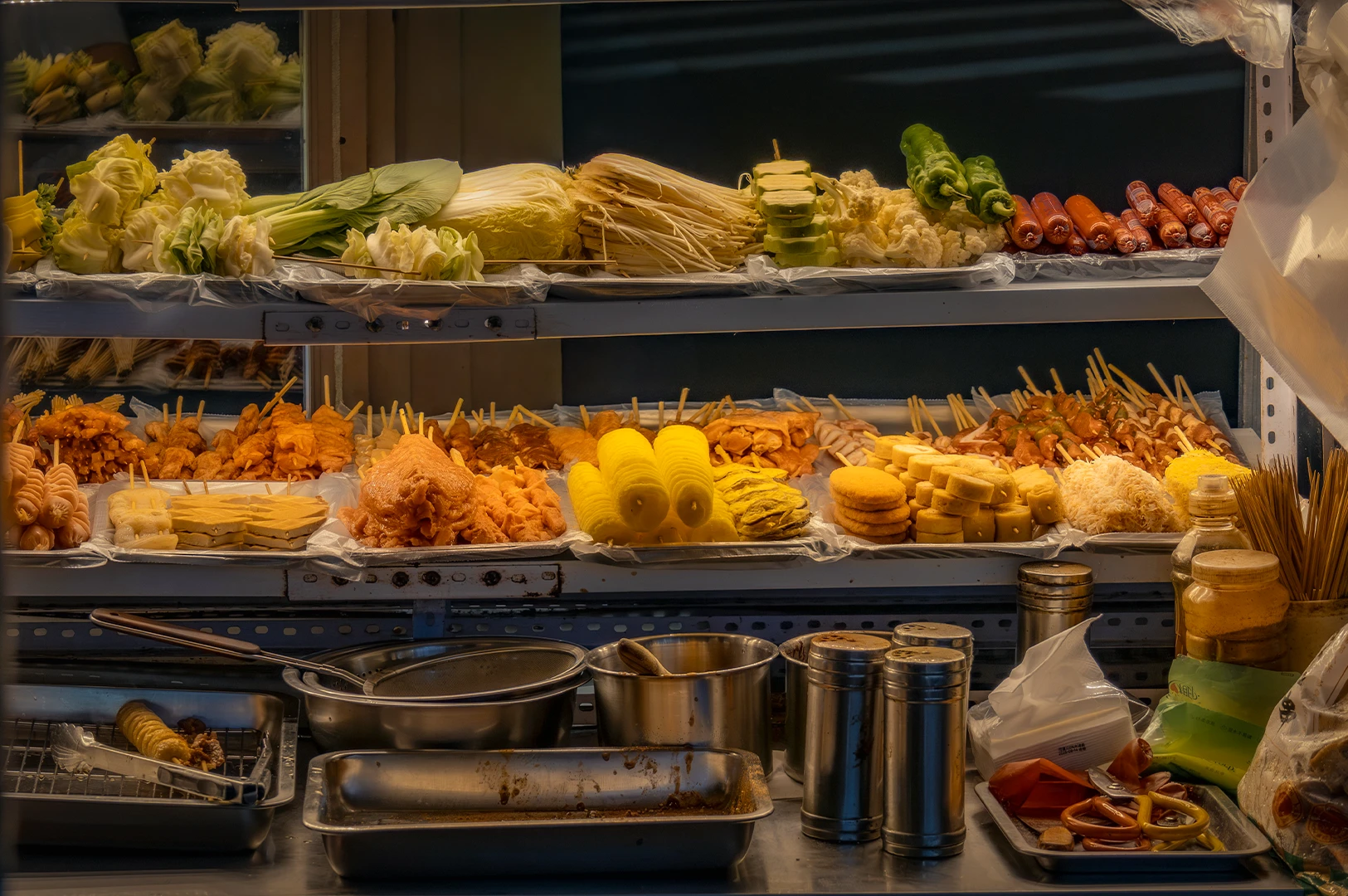 Street food stall display with skewered meats, sausages, fish balls, tofu, corn, and fresh vegetables neatly arranged on shelves, ready for grilling in a night market setting with warm lighting