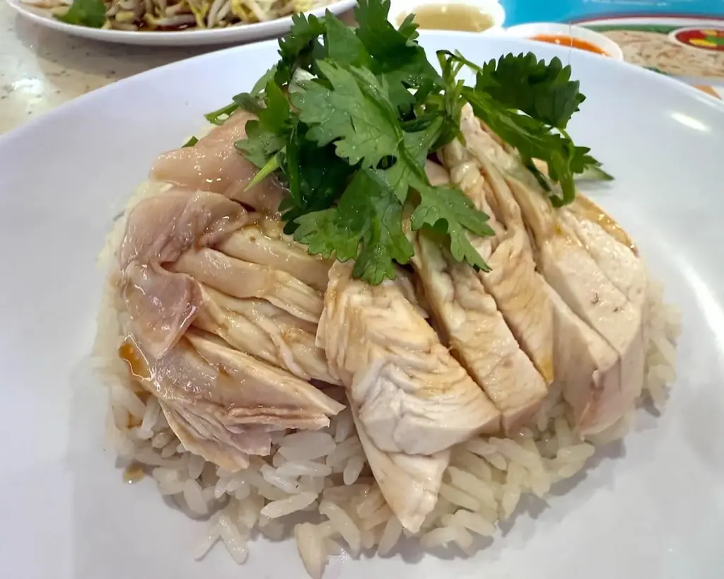 Sliced poached chicken on white rice, garnished with fresh coriander, served on a white plate. A side dish of sauce is blurred in the background.