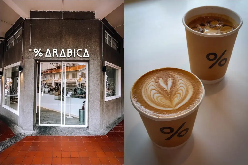 Side by side photos of % Arabica Singapore featuring the minimalist cafe storefront and specialty coffee drinks including a latte with latte art and iced coffee on a white table