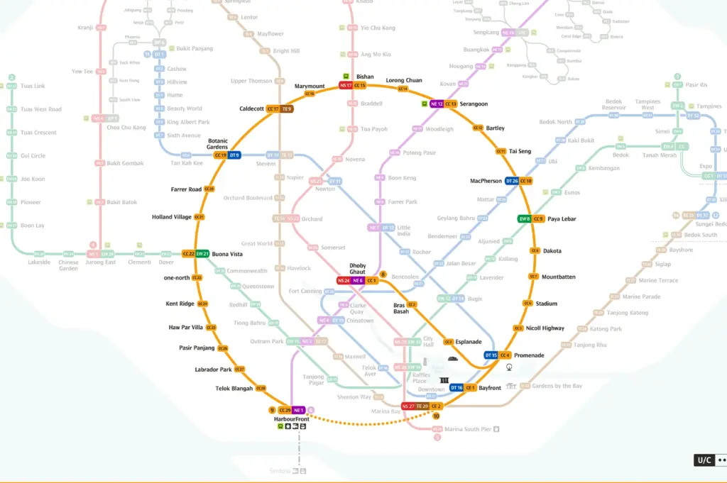 Map of Singapore MRT Circle Line (CCL) showing stations, interchanges, and loop connections across central Singapore.
