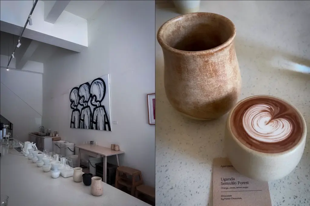 Side by side photos of Apartment Coffee Singapore featuring a minimalist cafe interior with pour-over coffee setup and a ceramic cup of hot chocolate with latte art on a white stone table