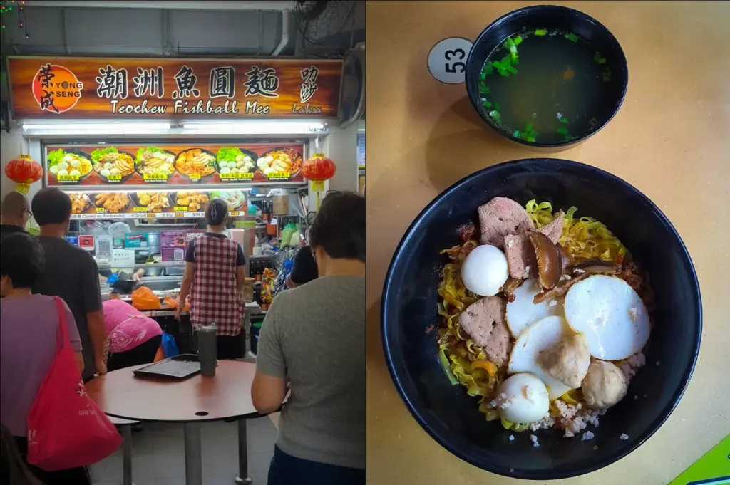 Side-by-side photos of Yong Seng Teochew Fishball Mee Singapore showing the busy hawker stall and a bowl of Teochew fishball noodles with fish cake, meatballs, mushrooms, quail eggs, and soup at a Singapore food centre