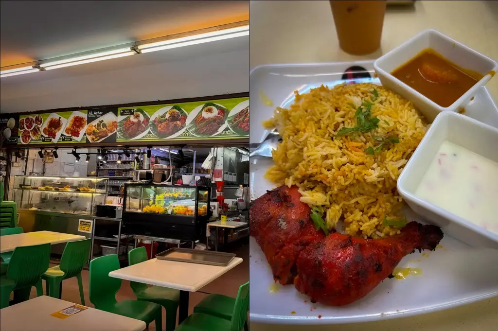 Side-by-side photos of Al-Azhar Eating Restaurant Singapore featuring the restaurant storefront and a plate of chicken biryani with curry, yogurt sauce, and iced tea at a Singapore hawker dining spot