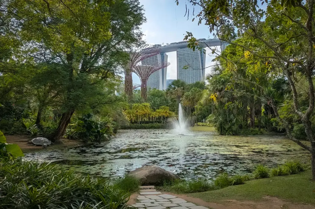 Tranquil pond with lily pads and a fountain at Gardens by the Bay, framed by lush greenery, with Supertree Grove and Marina Bay Sands visible in the background.