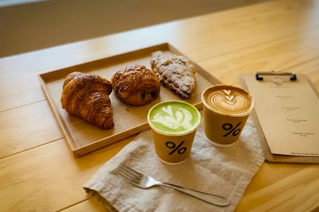 Matcha latte and coffee with latte art at % Arabica Singapore Chip Bee Gardens, served with croissants and pastries on a wooden tray and table.