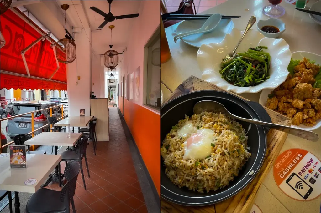 Side by side photos of The Dim Sum Place Singapore featuring an outdoor restaurant seating area with orange decor and a table spread of fried rice with soft eggs, stir-fried vegetables, and crispy fried chicken bites