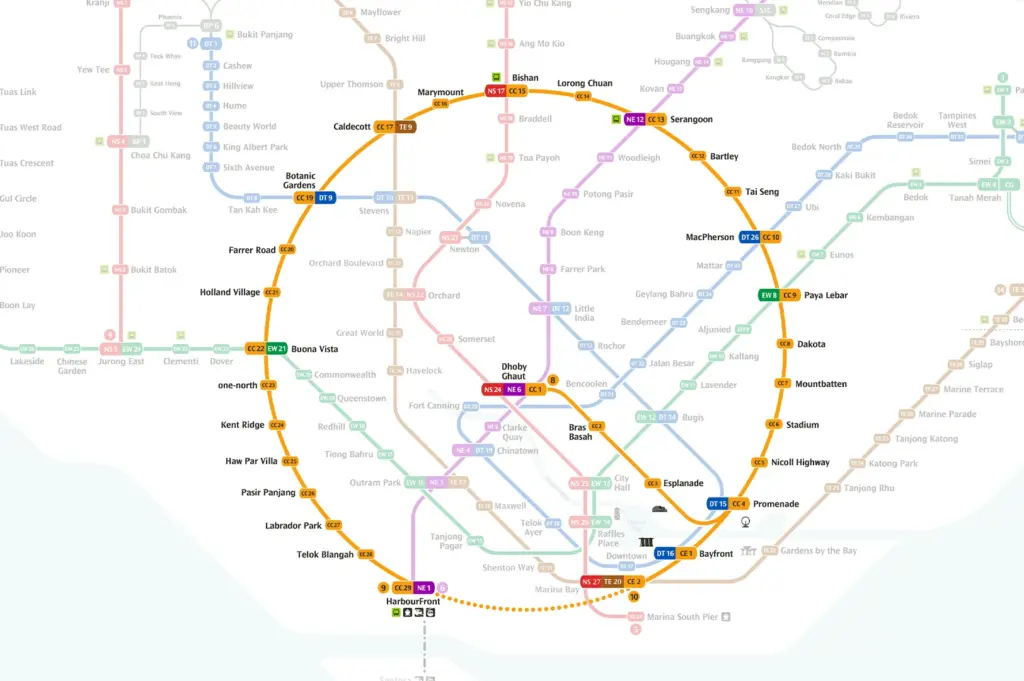 Singapore MRT Circle Line route map showing stations, interchange connections and the full orbital rail network from HarbourFront to Dhoby Ghaut, Paya Lebar and Serangoon stations