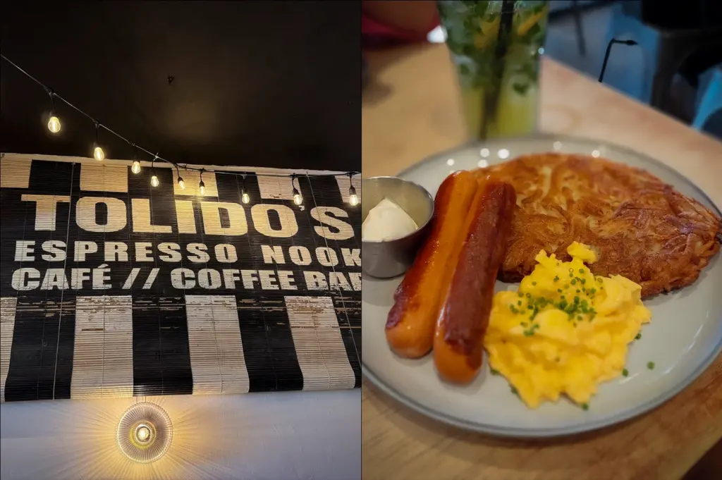 Side by side photos of Tolido’s Espresso Nook Singapore featuring the cafe’s black and white wall signage with hanging lights alongside a breakfast plate with sausages, scrambled eggs, hash browns, and a mint drink on a wooden table