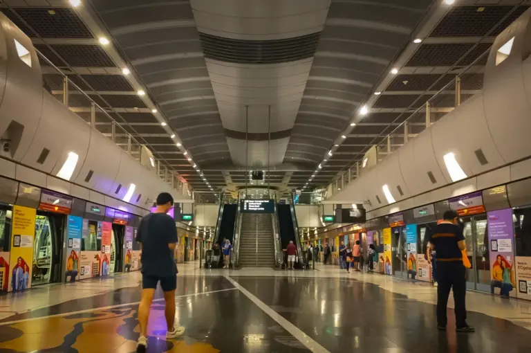 Wide view of Kovan MRT Station platform in Singapore, featuring modern architecture, train doors, escalators, and commuters waiting for public transportation.
