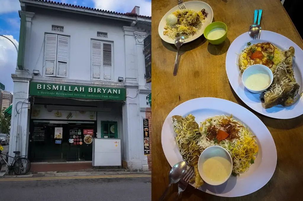 Collage featuring the exterior of Bismillah Biryani Singapore and plates of authentic dum biryani with lamb shank, chicken, egg, fragrant basmati rice, and yogurt sauce served in the restaurant.