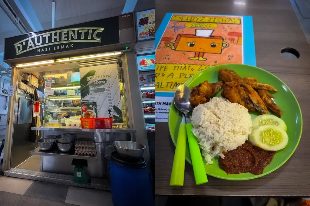 Collage featuring D’Authentic Nasi Lemak Singapore hawker stall and a plate of nasi lemak with fragrant rice, fried chicken wings, sambal chili, and cucumber slices, showcasing a popular local Singaporean dish.