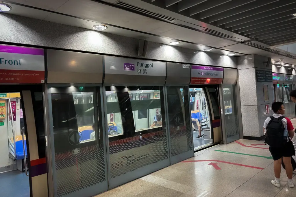 North East Line MRT platform at Punggol station in Singapore with platform screen doors, train carriage, and passenger boarding area.