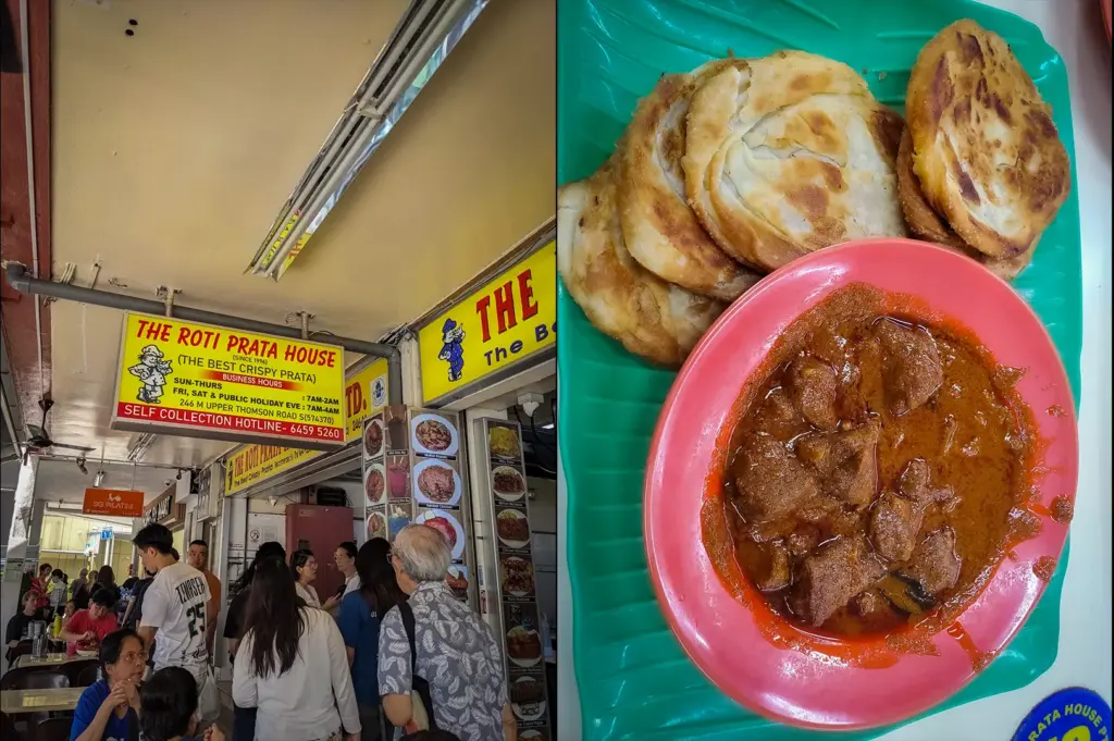 Side-by-side images of The Roti Prata House in Upper Thomson, Singapore, showing customers queuing outside the popular restaurant and a serving of crispy roti prata with rich mutton curry, a signature local supper dish.