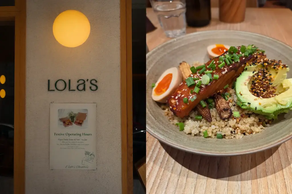Side-by-side collage featuring Lola’s Cafe signature salmon quinoa bowl with avocado and soft-boiled eggs alongside the café’s exterior sign and entrance in Singapore.