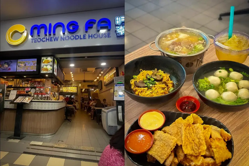Side-by-side images of Ming Fa Teochew Noodle House in Singapore, featuring the restaurant storefront and a spread of signature dishes including fishball soup, Teochew-style noodles, crispy pork, hotpot soup, dipping sauces, and iced lemon tea.