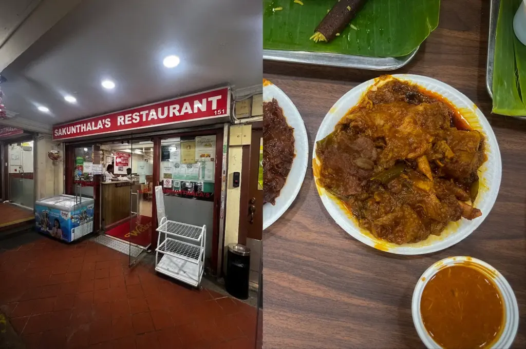 Collage featuring Sakunthala's Restaurant Singapore storefront and plates of rich South Indian curries served with traditional accompaniments on a dining table.