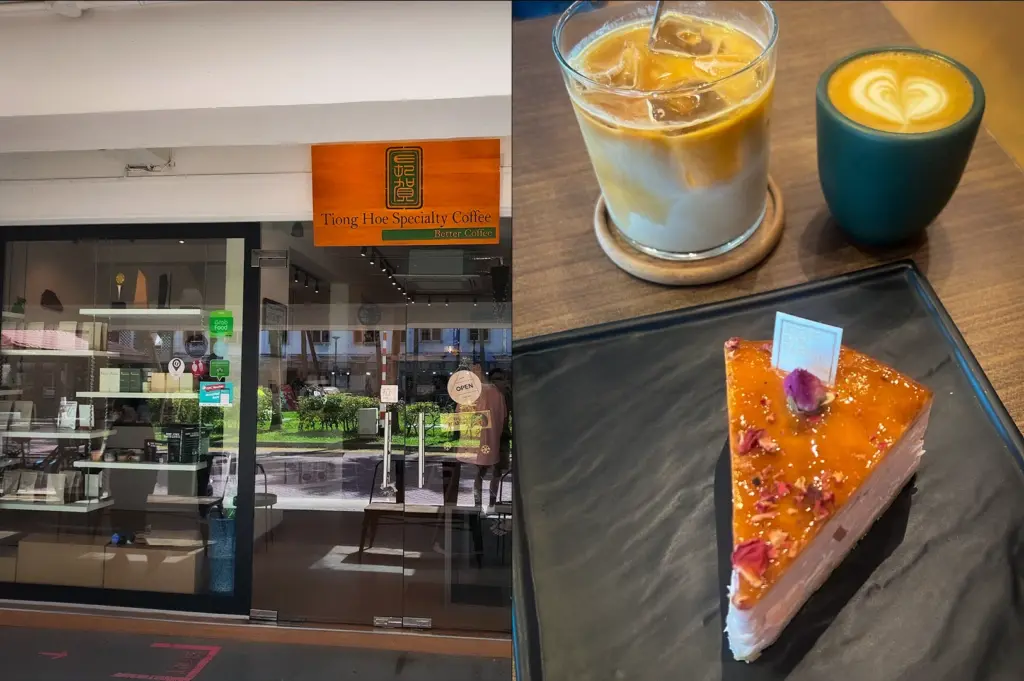 Rose cake slice served with iced latte and hot coffee at Tiong Hoe Specialty Coffee in Singapore on a modern cafe table setting