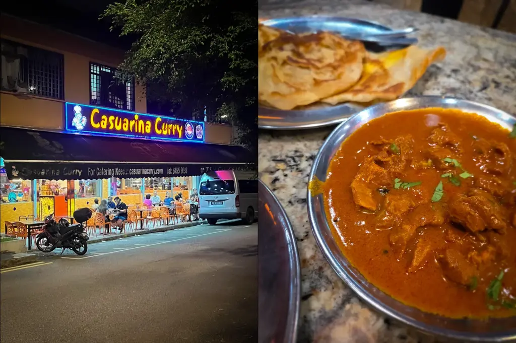 Side-by-side images of Casuarina Curry in Singapore, showing the restaurant exterior at night and a serving of crispy roti prata with rich, spicy mutton curry on a stainless steel plate.