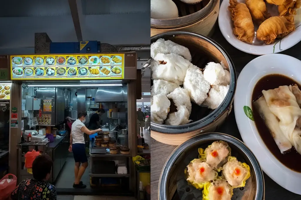 Collage featuring Neptune Hong Kong Dim Sum stall in Singapore and a selection of dim sum dishes including siu mai, steamed buns, chee cheong fun, fried dumplings, and traditional Cantonese snacks served at a local hawker centre.