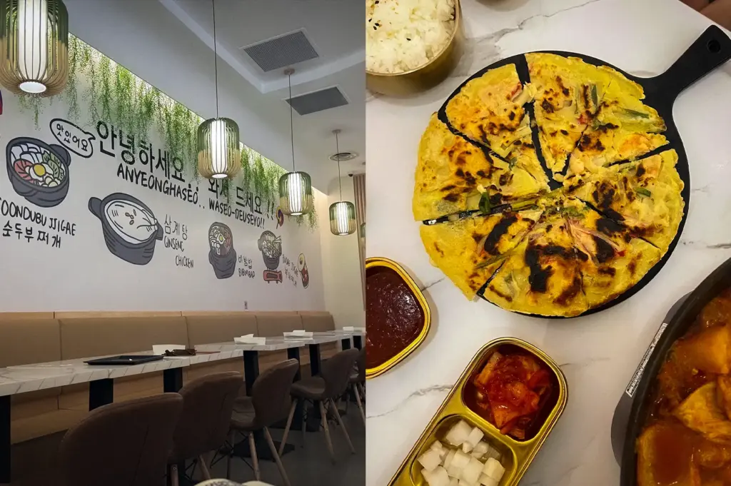 Side-by-side collage featuring the modern interior of Two Cranes Singapore and a Korean dining spread with seafood pancake, tofu stew, rice, kimchi, and traditional side dishes.