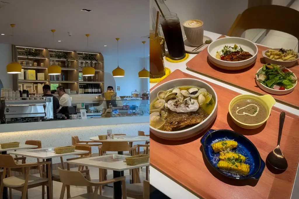 Side-by-side collage featuring the bright modern interior of Alkove Bistro Singapore and a table spread of seafood, pasta, soup, salad, coffee, and specialty drinks.