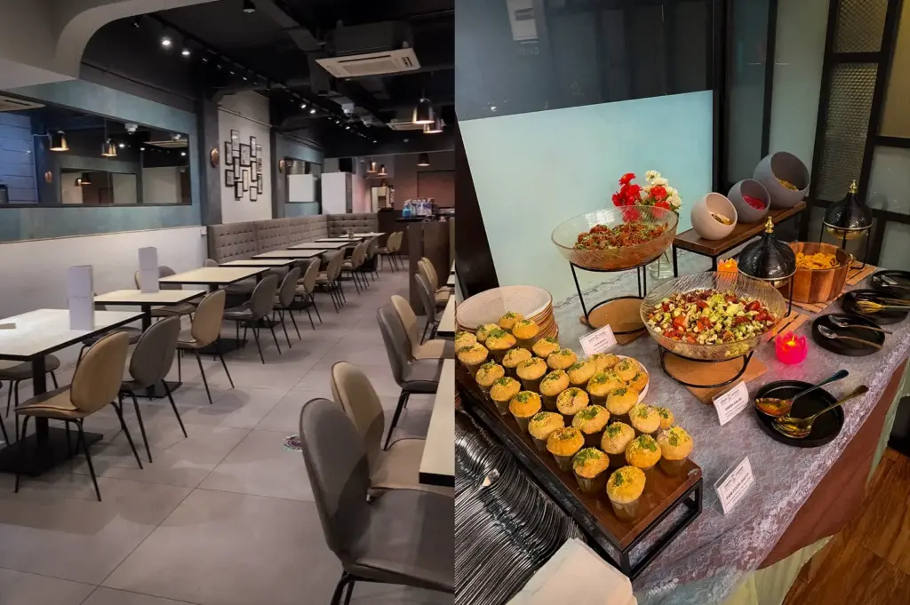 Buffet spread and modern dining interior at Copper Chimney Singapore featuring Indian appetizers, salads, contemporary seating, and elegant restaurant decor.