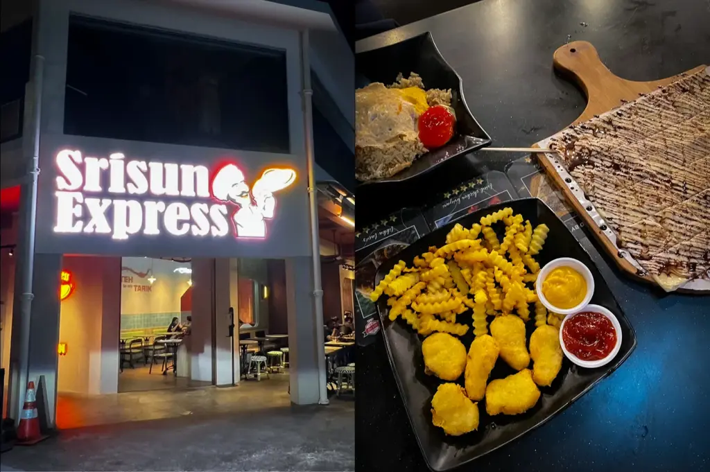 Side-by-side images of Srisun Express in Singapore, showing the restaurant exterior at night and a table spread featuring nasi goreng, chocolate-drizzled prata, crinkle-cut fries, chicken nuggets, and dipping sauces.