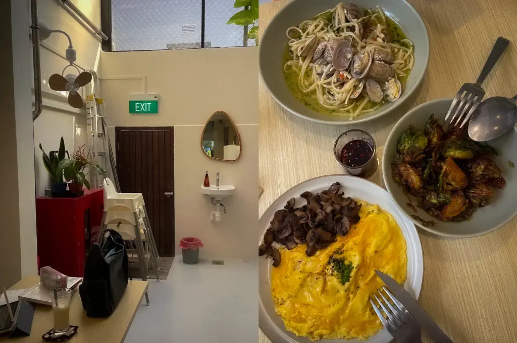 Side-by-side collage showing a bright minimalist café interior with natural light and a brunch spread featuring clam pasta, mushroom omelette, roasted Brussels sprouts, and chili oil dipping sauce.