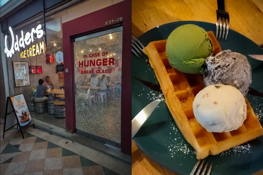 Side-by-side images of Udders Ice Cream in Singapore, featuring the dessert café storefront and a golden waffle topped with scoops of matcha, cookies-and-cream, and vanilla ice cream served on a wooden table.