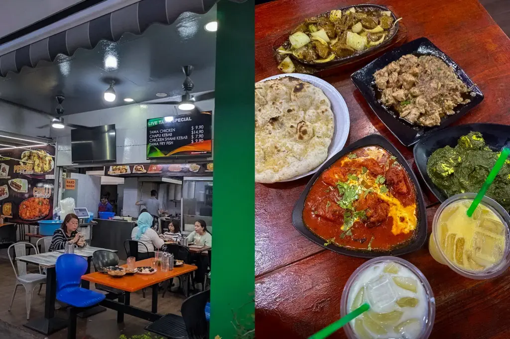 Usman Restaurant Singapore featuring open-air dining seating and a spread of Indian dishes including butter chicken, naan, palak paneer, grilled meats, and iced drinks.
