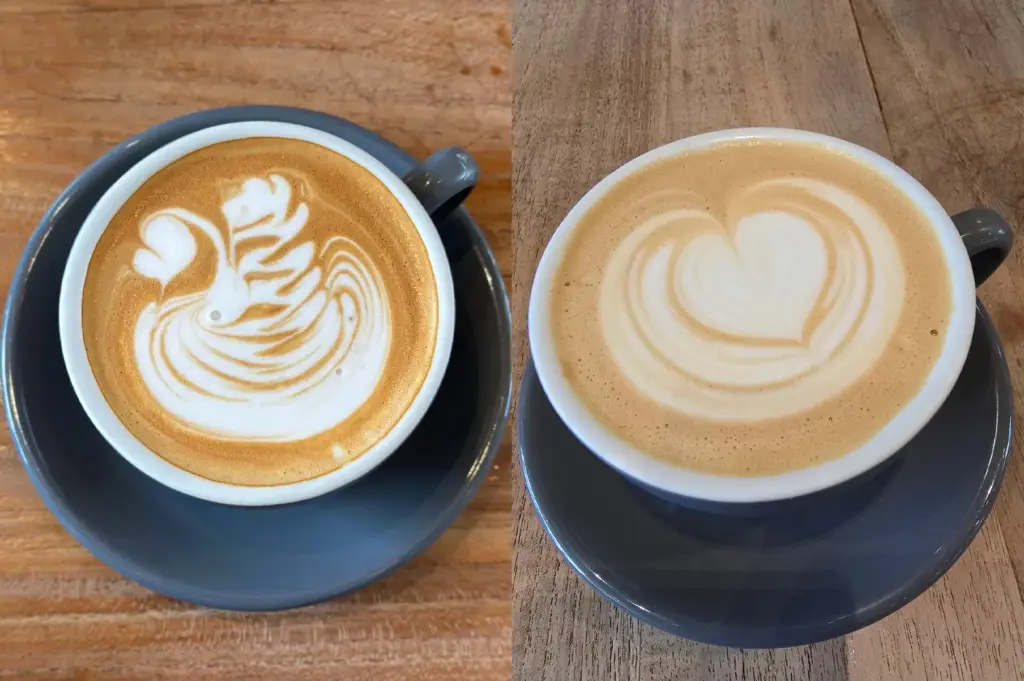 Collage of two latte art coffees at The Brewing Ground Singapore, featuring heart and swan designs in creamy milk foam served in grey ceramic cups.