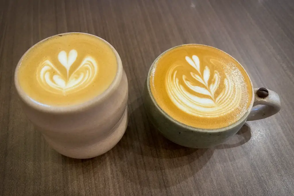 Two handcrafted specialty coffee lattes with heart-shaped latte art served in ceramic cups on a wooden table at Tiong Hoe Specialty Coffee in Singapore.