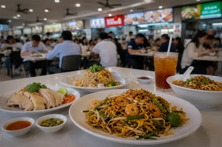 Singapore hawker centre table with Hainanese chicken rice, Hokkien mee, fried rice, dry noodles, iced tea, and dipping sauces, with busy local food stalls and diners in the background.